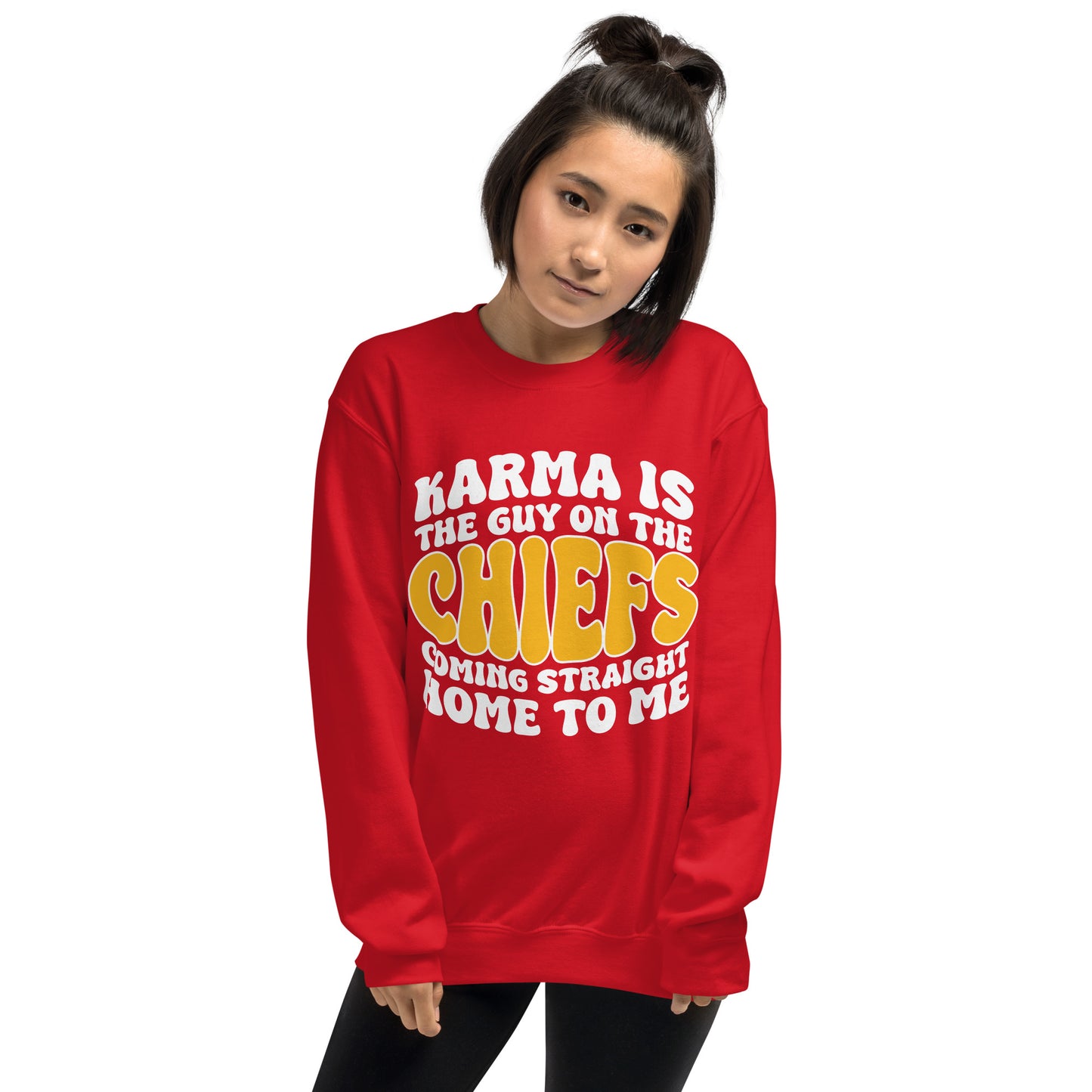 Karma Is The Guy On The Chiefs Crewneck Sweatshirt (Red)
